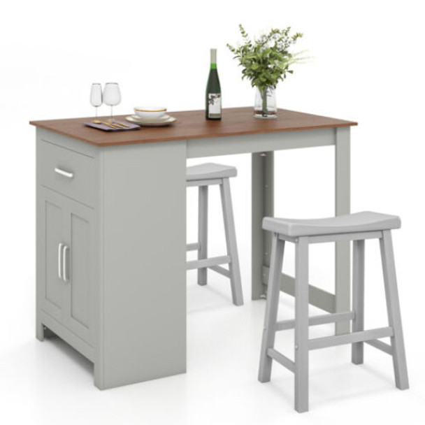 3-Piece Bar Table Set for 2 with 2 Saddle Stools for Dining Room-Gray
