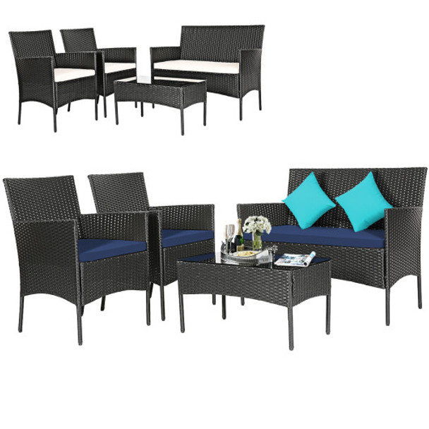 4 Pieces Patio Rattan Cushioned Sofa Set with Tempered Glass Coffee Table-Navy and off White