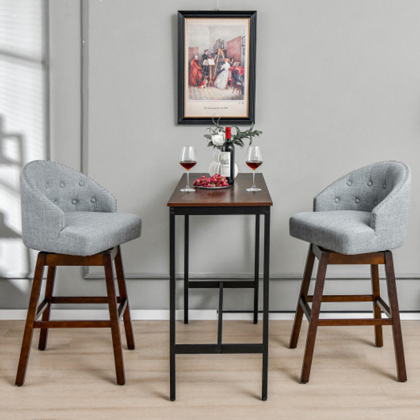 Set of 2 Swivel Bar Stools with Rubber Wood Legs and Padded Back-Gray