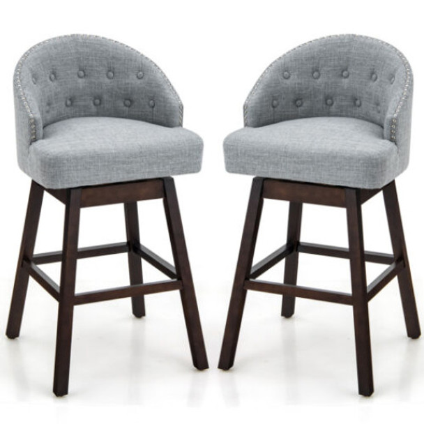 Set of 2 Swivel Bar Stools with Rubber Wood Legs and Padded Back-Gray