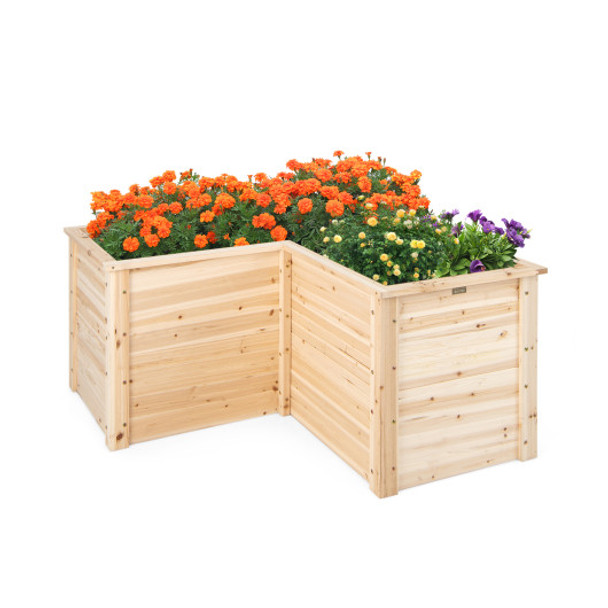 24 Inch L-Shaped Wooden Raised Garden Bed with Open-Ended Base-Natural