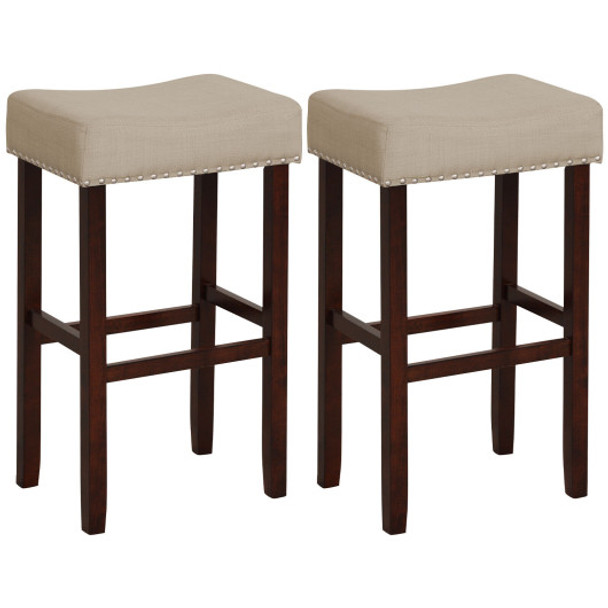 2 Set of 29 Inch Height Upholstered Bar Stool with Solid Rubber Wood Legs and Footrest-Beige