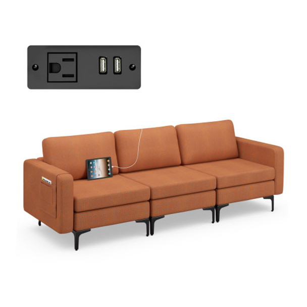 Convertible Sofa Couch with Magazine Pockets for Living room-Orange-3-Seat with USB port