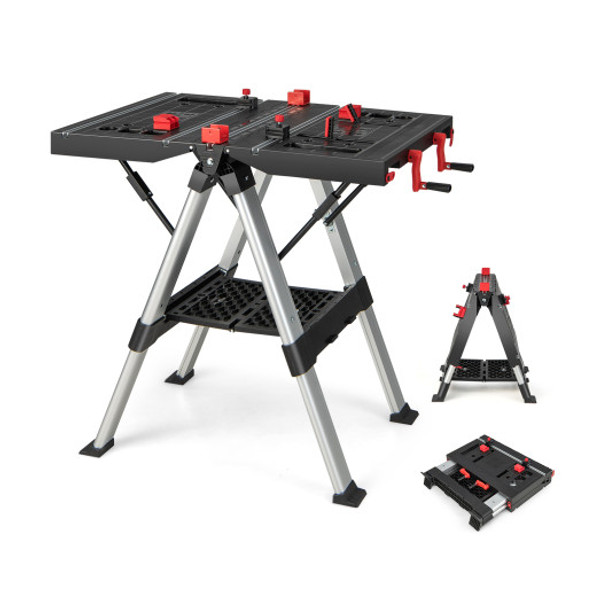 Portable Folding Workbench with Adjustable Height for Garage Home-Black & Red