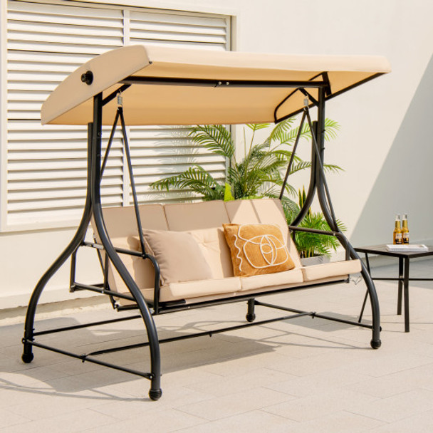 3 Seat Outdoor Porch Swing with Adjustable Canopy-Beige