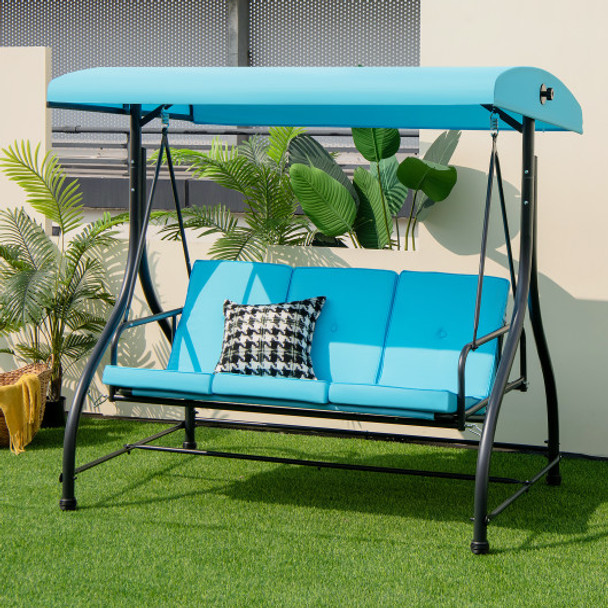 3 Seat Outdoor Porch Swing with Adjustable Canopy-Blue