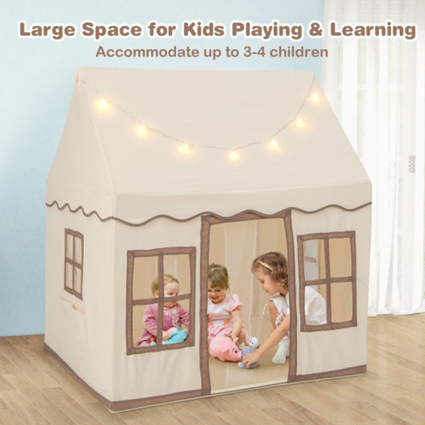 Toddler Large Playhouse with Star String Lights-Brown