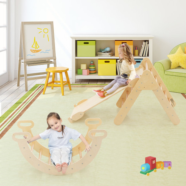 Wooden Kids Climber Toys with Triangle Arch Ramp for Sliding Climbing-Natural