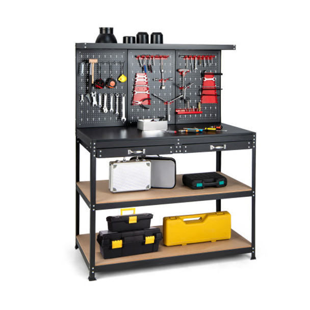 48 Inch Workbench with Pegboard and Drawers-Black