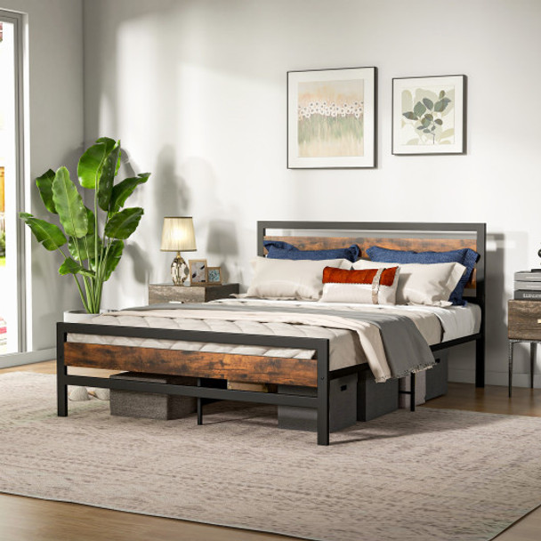 Queen Industrial Bed Frame with Rustic Headboard and Footboard-Queen Size