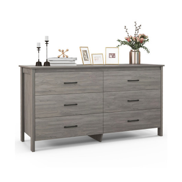 6-Drawer Wide Dresser Chest with Center Support and Anti-tip Kit-Gray
