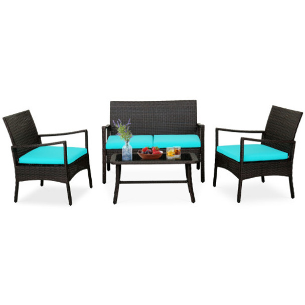 4 Pieces Rattan Conversation Set with Tempered Glass Coffee Table-Turquoise