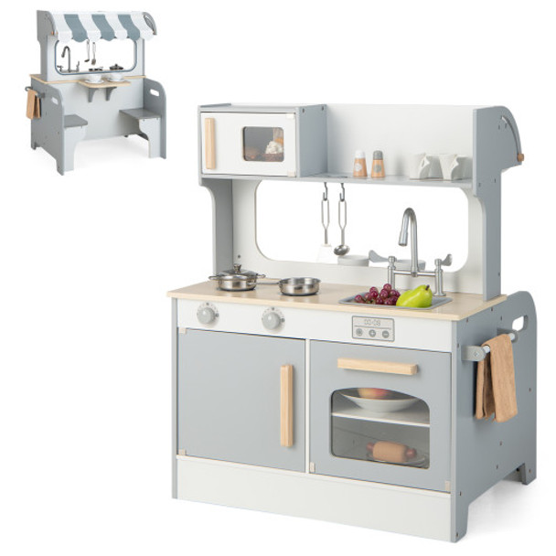 Double Sided Kids Pretend Kitchen Playset with 2-Seat Cafe-Gray
