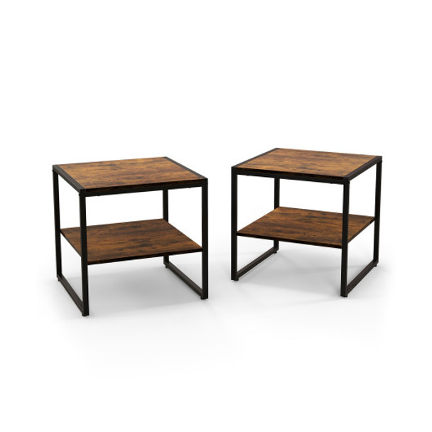 2 Pieces Industrial 2-Tier Side Table Set with Open Shelf-Rustic Brown
