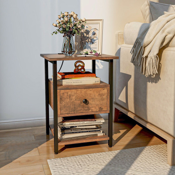 1Piece 3-Tier Nightstand with Charging Station and Drawer-1 Piece