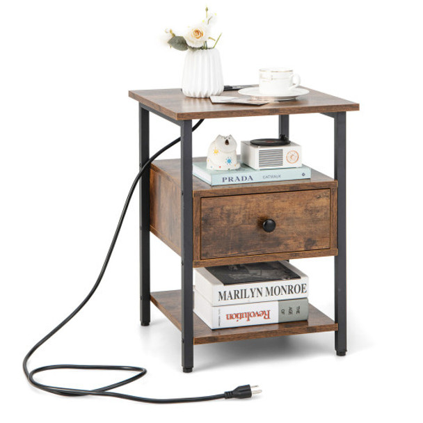 1Piece 3-Tier Nightstand with Charging Station and Drawer-1 Piece