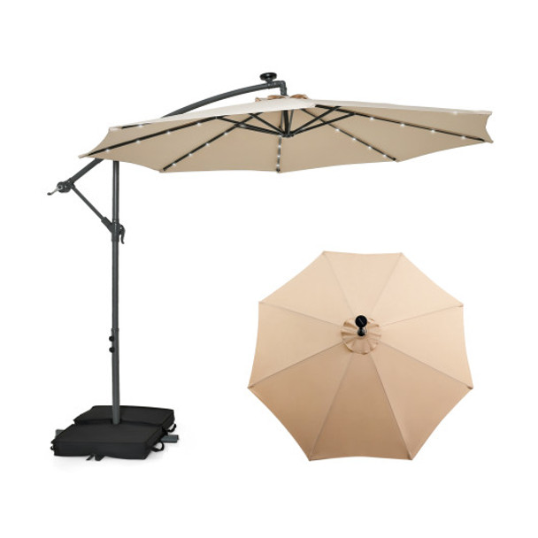 10 Feet Cantilever Umbrella with 32 LED Lights and Solar Panel Batteries-Beige