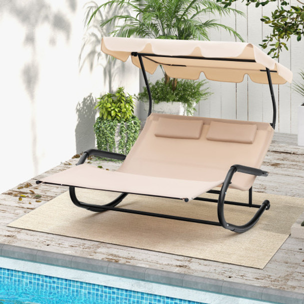 Outdoor 2 Persons Rocking Chaise Lounge with Canopy and Wheels-Beige