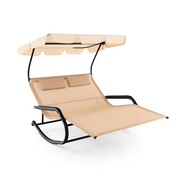 Outdoor 2 Persons Rocking Chaise Lounge with Canopy and Wheels-Beige
