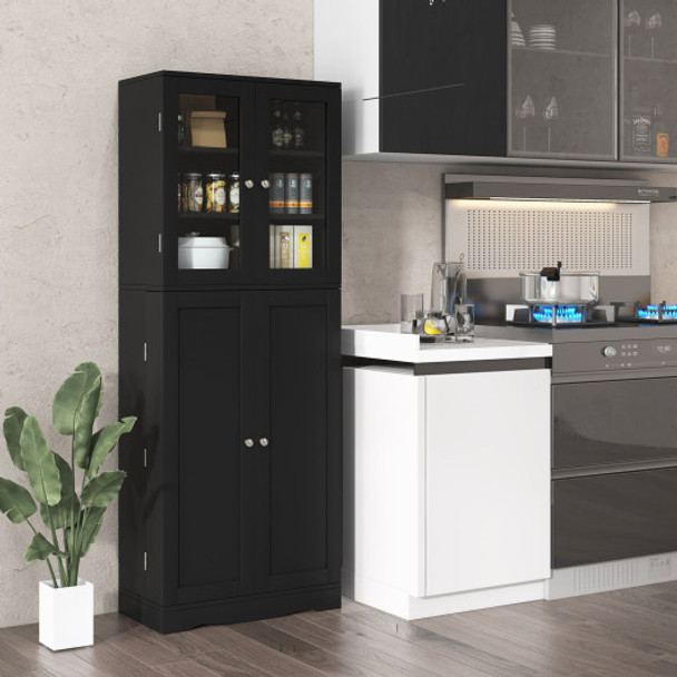 Tall Kitchen Pantry Cabinet with Dual Tempered Glass Doors and Shelves-Black