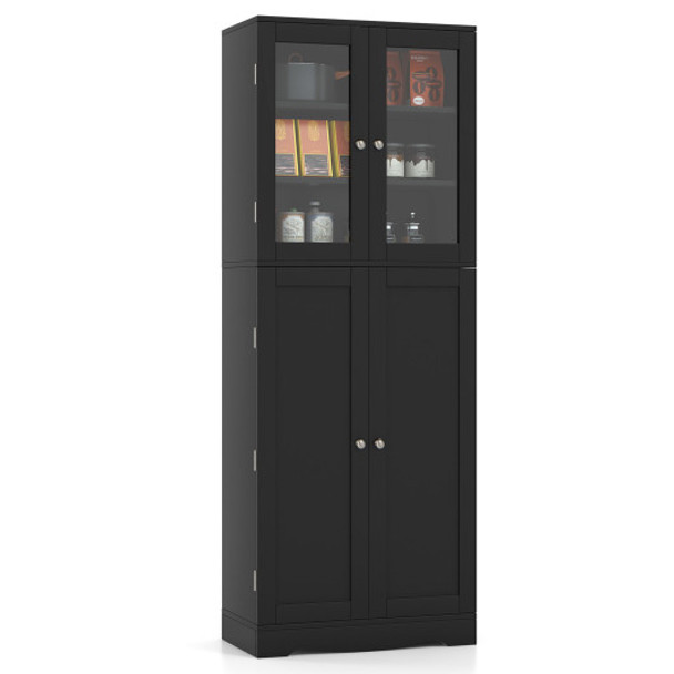 Tall Kitchen Pantry Cabinet with Dual Tempered Glass Doors and Shelves-Black