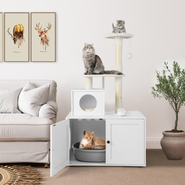 Cat Tree with Litter Box Enclosure with Cat Condo-White