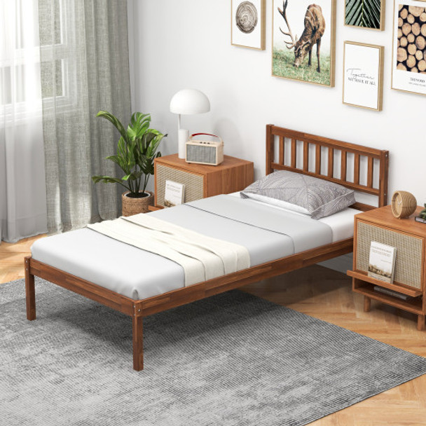 Twin Size Wood Bed Frame with Headboard and Slat Support-Twin Size