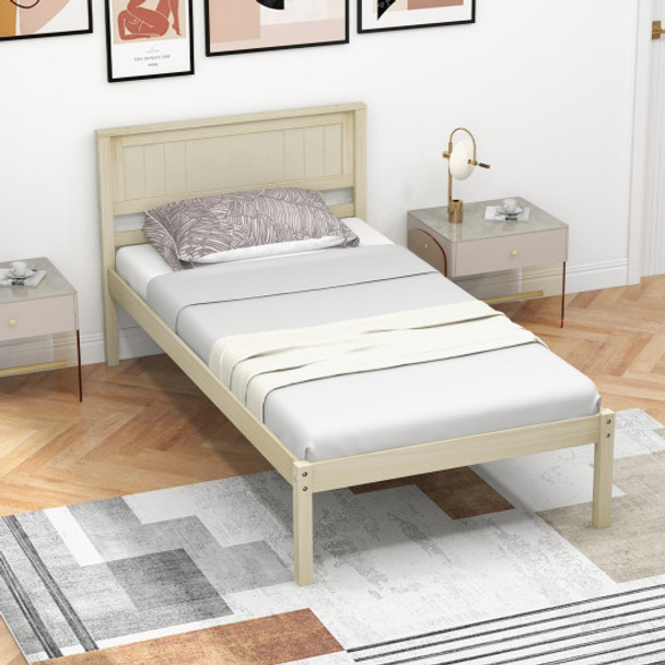 Twin Size Wooden Bed Frame with Headboard and Slat Support-Twin Size