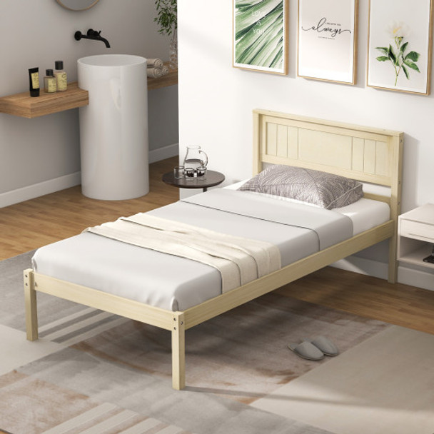 Twin Size Wooden Bed Frame with Headboard and Slat Support-Twin Size