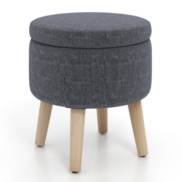 Round Storage Ottoman with Rubber Wood Legs and Adjustable Foot Pads-Gray