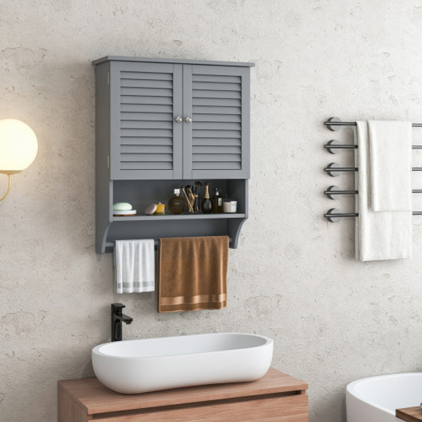 2-Doors Bathroom Wall-Mounted Medicine Cabinet with Towel Bar-Gray
