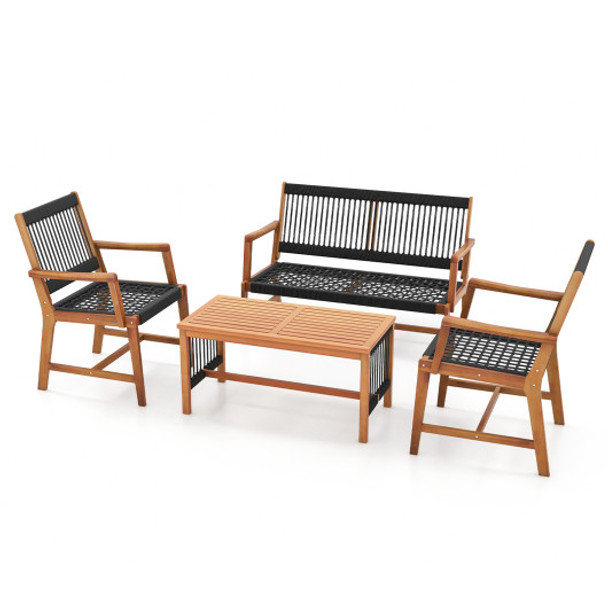 4 Pieces Acacia Wood Patio Conversation Table and Chair Set with Hand Woven Rope