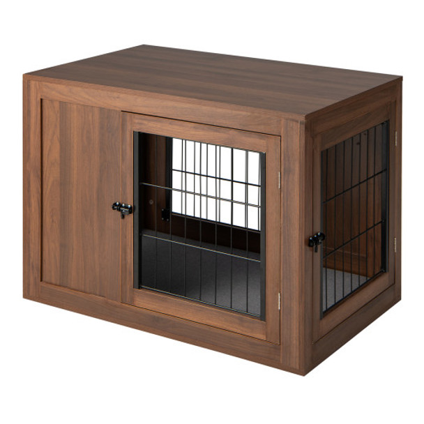 Furniture Dog Crate with Cushion and Double Doors-Walnut