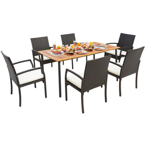 7 Pieces Patio Wicker Cushioned Dining Set with Umbrella Hole