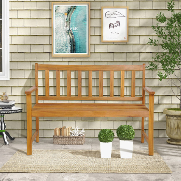 2-Person Patio Acacia Wood Bench with Backrest and Armrests
