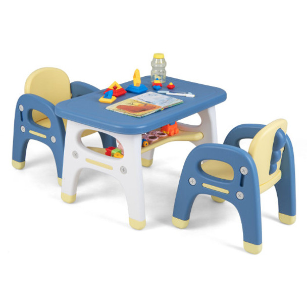 Kids Table and 2 Chairs Set with Storage Shelf and Building Blocks-Blue