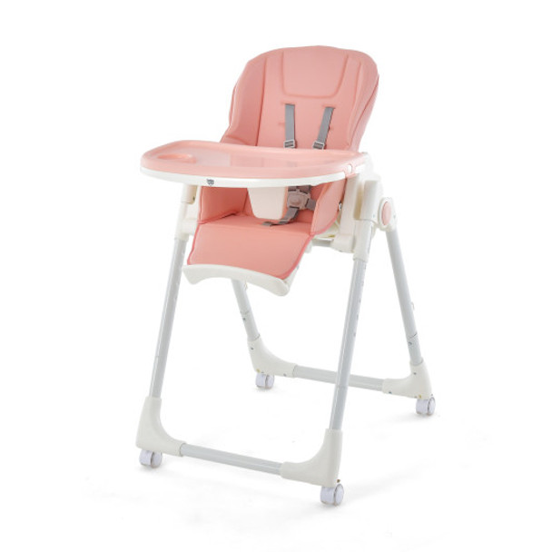 Folding High Chair with Height Adjustment and 360 Rotating Wheels-Pink