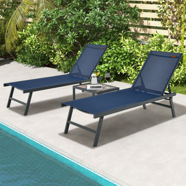 3 Pieces Patio Chaise Lounge Chair and Table Set for Poolside Yard-Navy