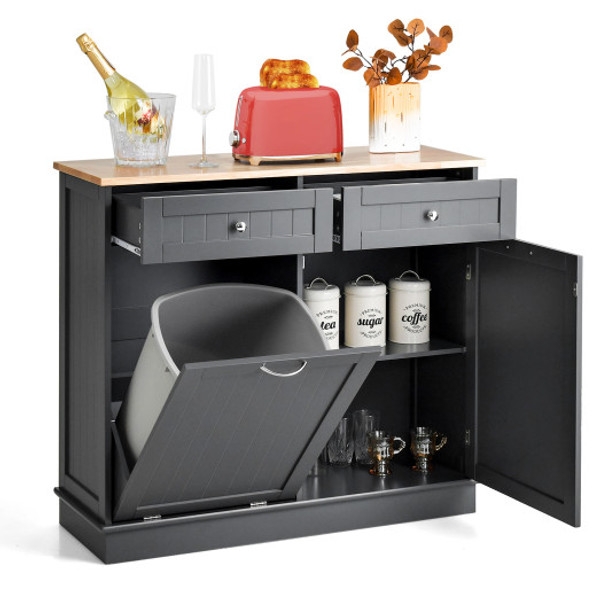 Rubber Wood Kitchen Trash Cabinet with Single Trash Can Holder and Adjustable Shelf-Gray