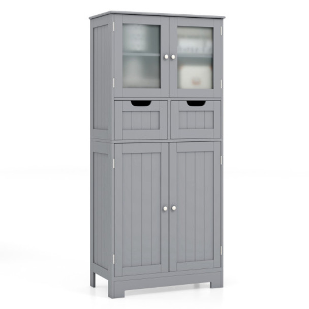 4 Door Freee-Standing Bathroom Cabinet with 2 Drawers and Glass Doors-Gray