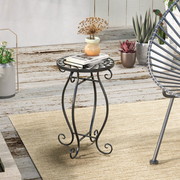 Small Plant Stand with Weather Resistant Ceramic Tile Tabletop-Black & White