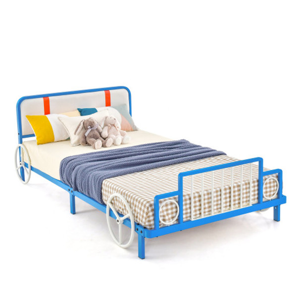 Twin Size Kids Bed Frame Car Shaped Metal Platform Bed with Upholstered Headboard