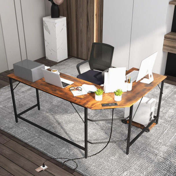 L-Shaped Computer Desk with CPU Stand Power Outlets and USB Ports-Rustic Brown
