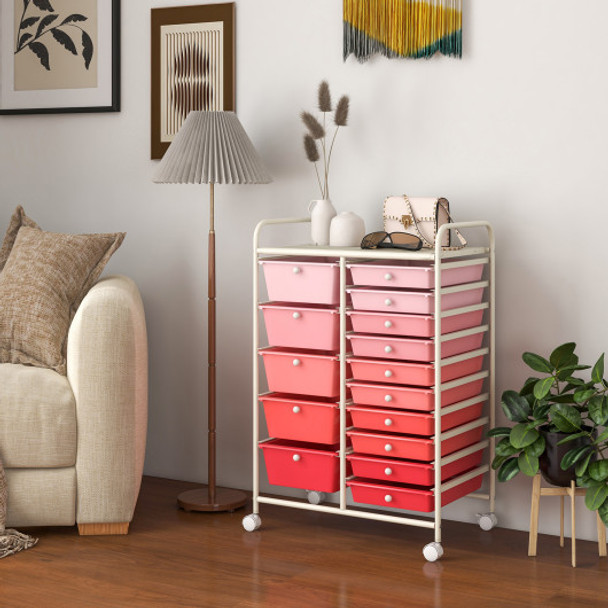 15-Drawer Utility Rolling Organizer Cart Multi-Use Storage-Pink