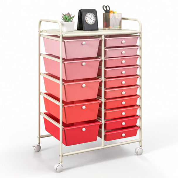 15-Drawer Utility Rolling Organizer Cart Multi-Use Storage-Pink