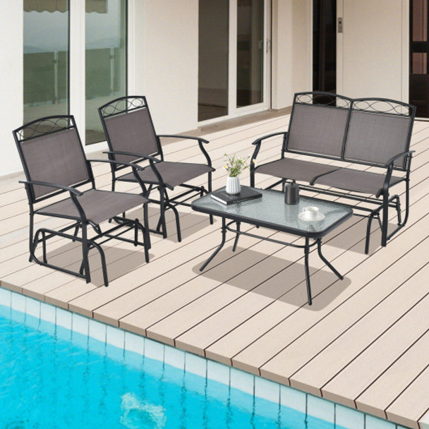 4 Piece Patio Glider Conversation Set with Tempered Glass Table Top-Brown