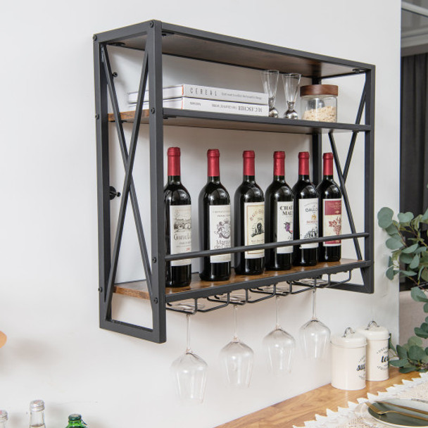 3-Tiers Industrial Wall Mounted Wine Rack with Glass Holder and Metal Frame