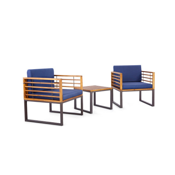 3 Pieces Patio Acacia Wood Conversation Set with Cushioned Armchairs-Navy