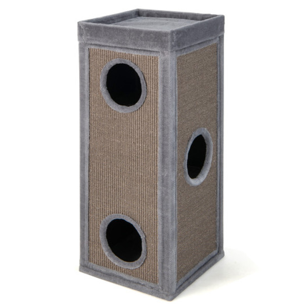 39" Tall Cat Condo with Scratching Posts and 3 Hideaways and 4 Soft Plush Cushions-Gray