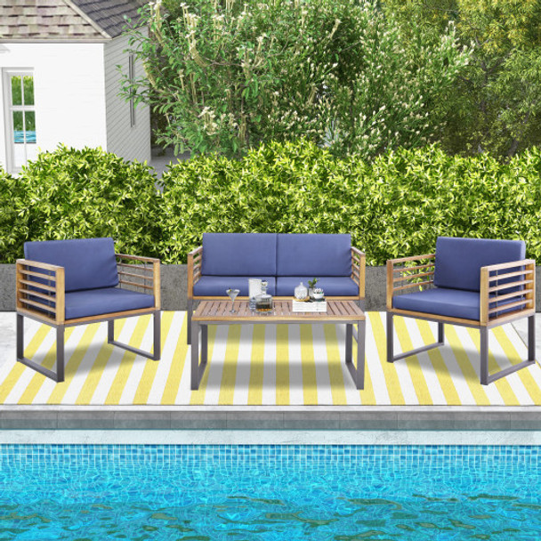 4 Piece Patio Acacia Wood Conversation Set with Soft Seat-Navy